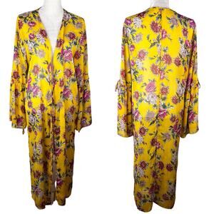 Band Of Gypsies Floral Kaftan Coverup Swim Kimono Yellow Pink Large Tie Closure